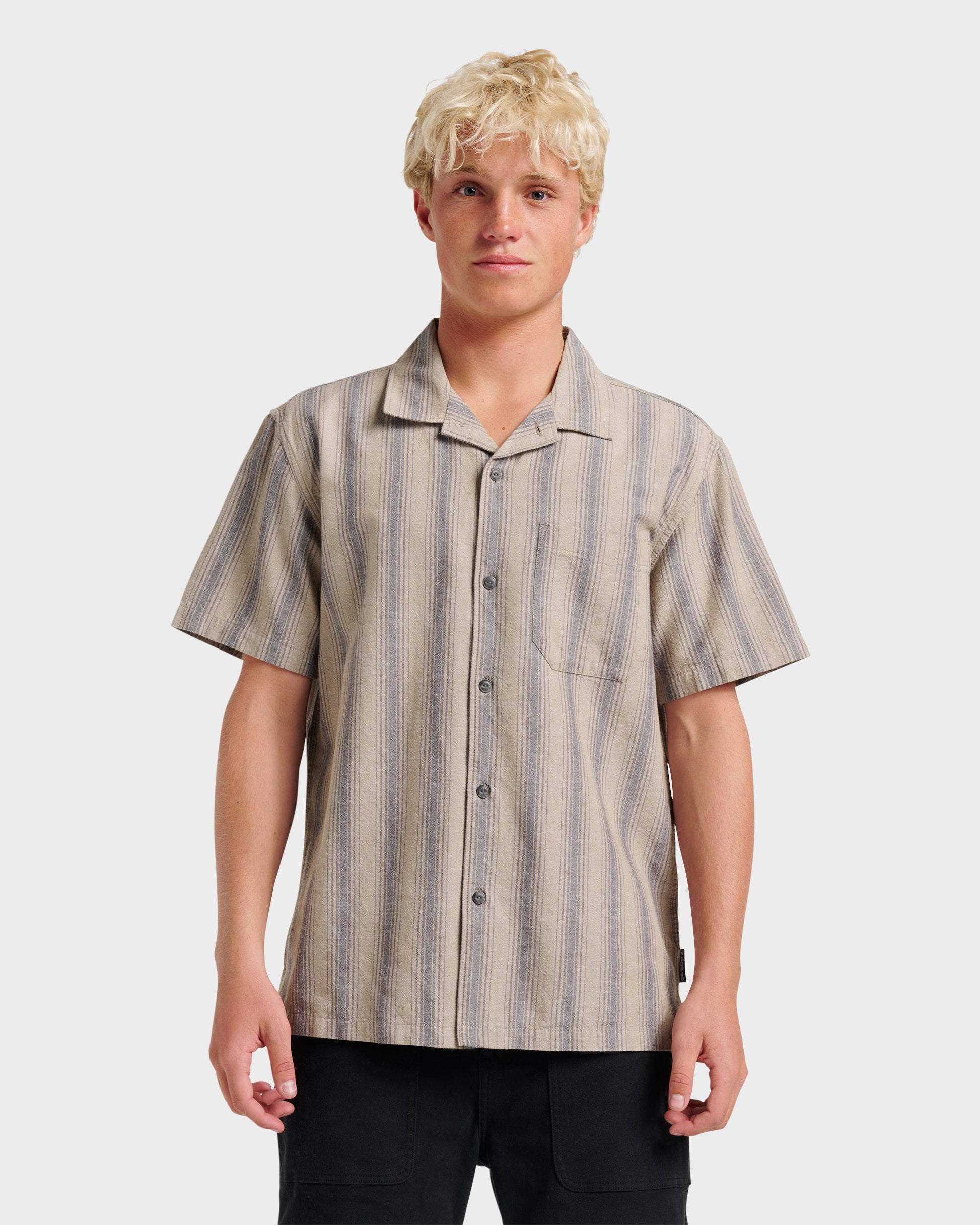 Oxford Stripe Casual Short Sleeve Shirt - Fallen Rock - Quick Silver
