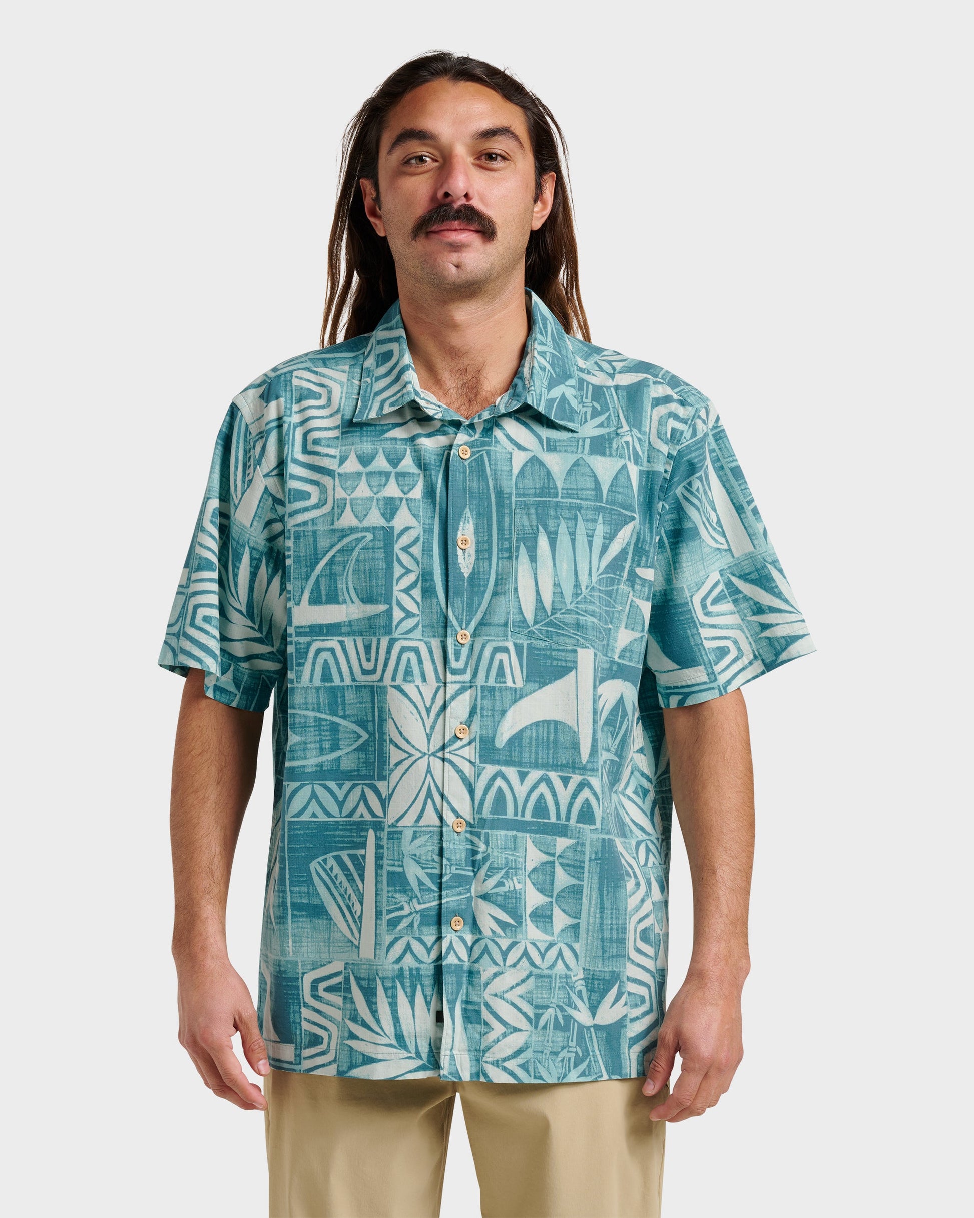 Waterman Talk Story Short Sleeve Shirt - Aqua Sea - Quick Silver