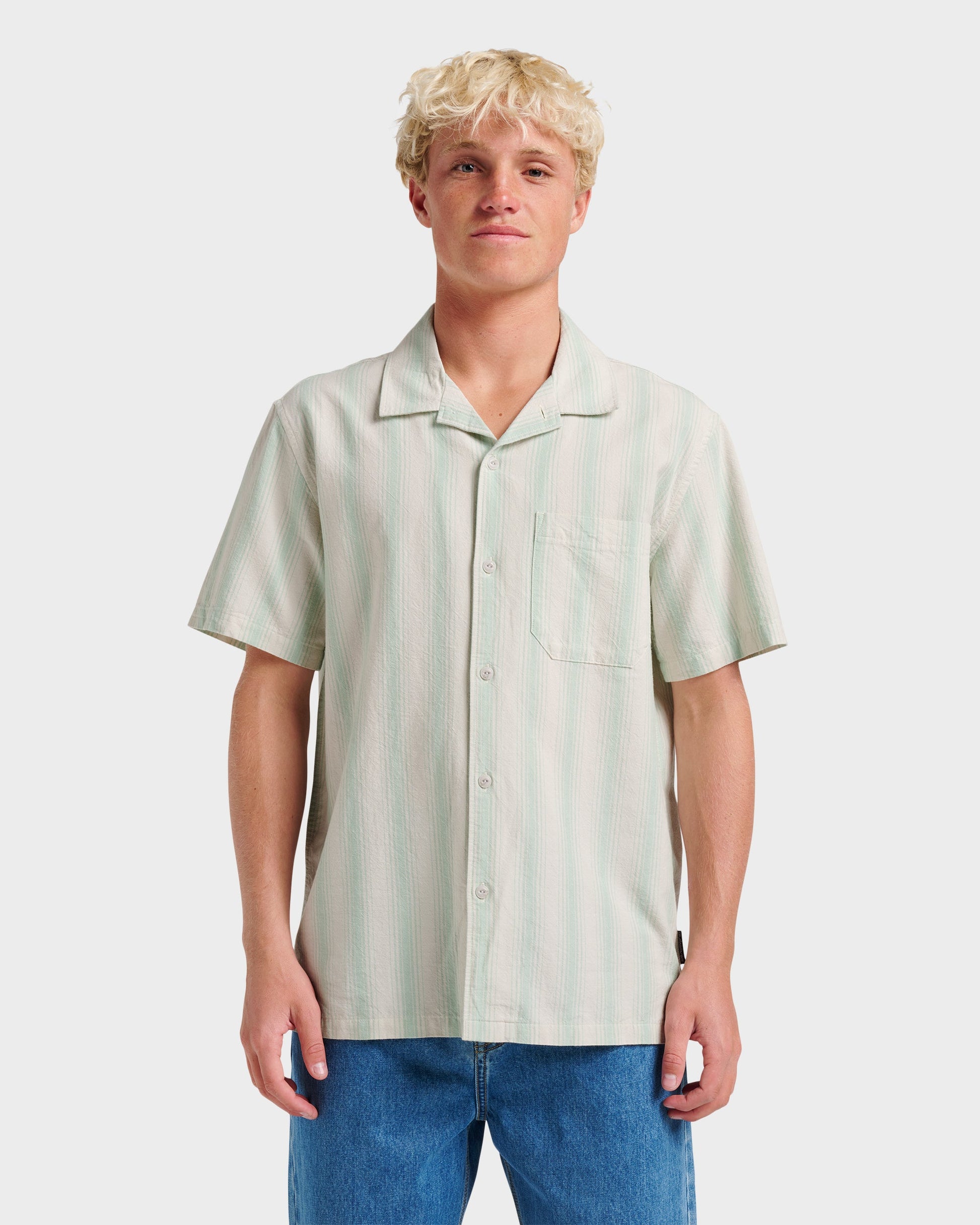 Oxford Stripe Casual Short Sleeve Shirt - Moonstruck - Quick Silver