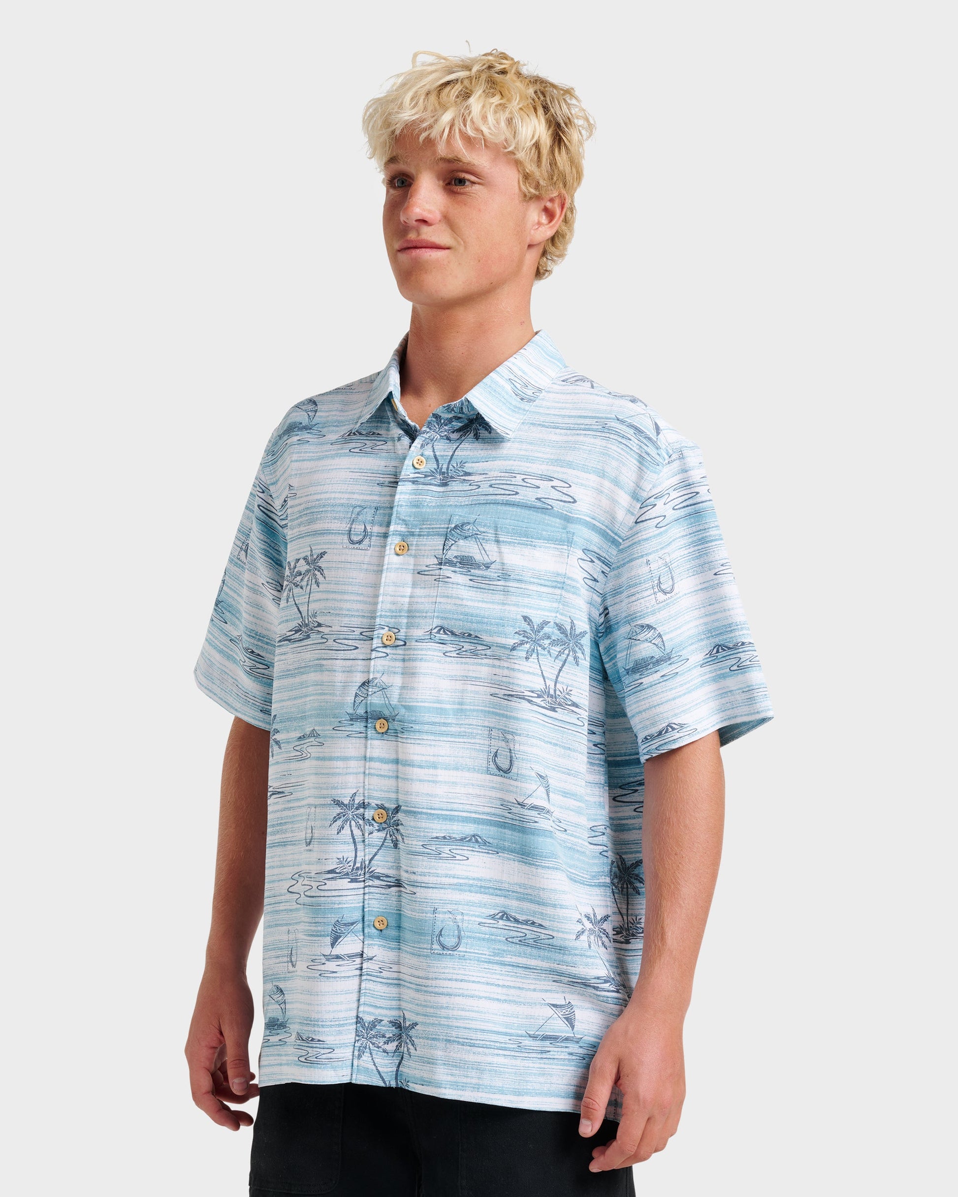 Waterman Island Daze Short Sleeve Shirt - Aqua Sea - Quick Silver
